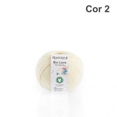 Novelo de fio de lã branca Rosários 4 Bio Love com etiqueta e texto Cor 2