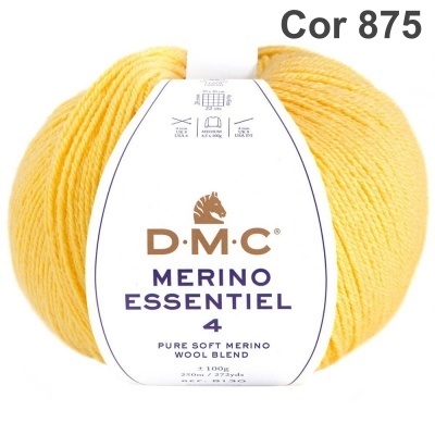 Novelo de lã amarelo DMC Merino Essentiel 4 com etiqueta branca