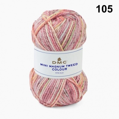 Novelo de lã multicolorida em tons pastel com etiqueta D.M.C MINI MAGNUM TWEED