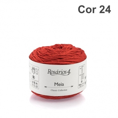 Novelo de fio de lã vermelho com etiqueta branca Rosários 4 Meia