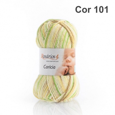 Novelo de lã multicolorida Rosários4 Cor 101 com etiqueta branca que mostra imagem de bebé