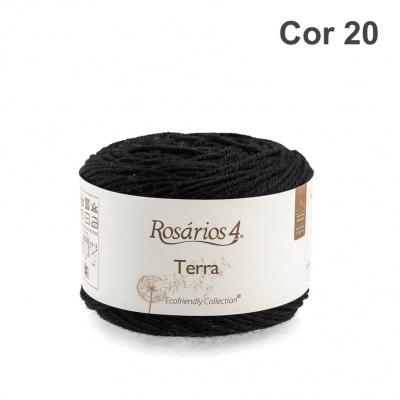 Novelo de lã preta Rosários 4 Terra Cor 20 com rótulo branco