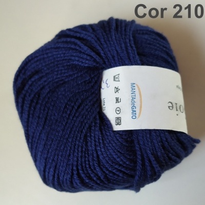 Novelo de lã azul escura com etiqueta branca e texto