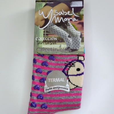 Meias térmicas cor de rosa com riscas cinzentas e figura de animal para crianças