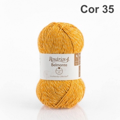 Novelo de fio amarelo com etiqueta da marca Rosários 4.