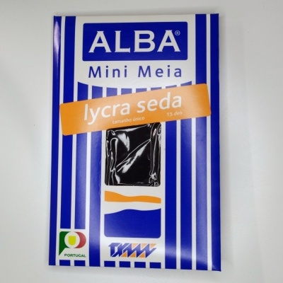 Embalagem azul e branca de meias ALBA Mini Meia lycra seda com janela mostrando meias pretas