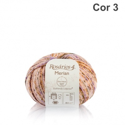 Novelo de lã multicolor em tons lilás, laranja e bege com etiqueta branca e texto Rosários 4. Merian