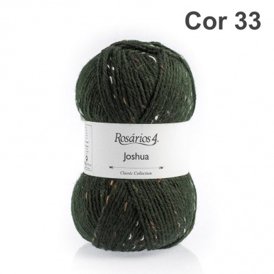 Novelo de fio verde escuro com pontos coloridos, Rotulado Rosários 4 Joshua Cor 33