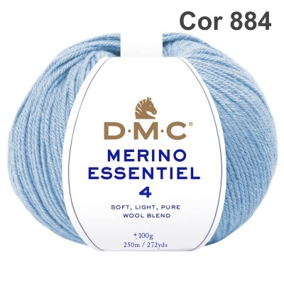 Novelo de fio azul claro DMC Merino Essentiel 4 com etiqueta