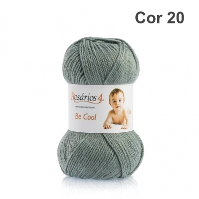 Novelo de lã cinza esverdeado Rosários4 Be Cool com etiqueta de bebé