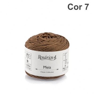 Novelo de lã castanha Rosários 4 Meia Classic Collection com rótulo branco