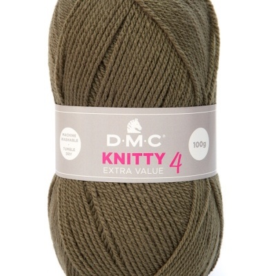Novelo de lã castanha D.M.C. Knitty 4 de 100g com etiqueta branca e rosa