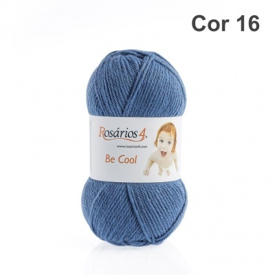 Novelo de lã azul Médio Rosários4 Be Cool com rótulo e imagem de bebé