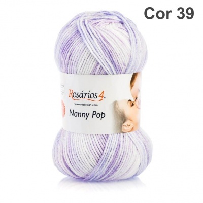 Novelo de lã lilás e branco Rosários4 Nanny Pop cor 39 com etiqueta e imagem de mãe e filho