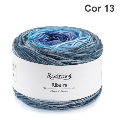 Novelo de lã Rosários 4 Ribeira em tons de azul e cinza Cor 13