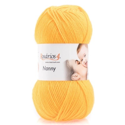 Novelo de lã amarelo Rosários 4 Nanny com etiqueta branca e imagem de mulher e criança