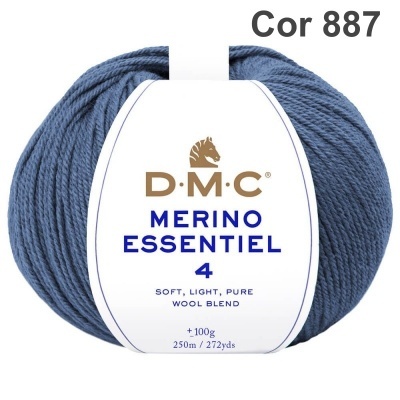 Novelo de fio de lã azul com etiqueta DMC Merino Essentiel 4