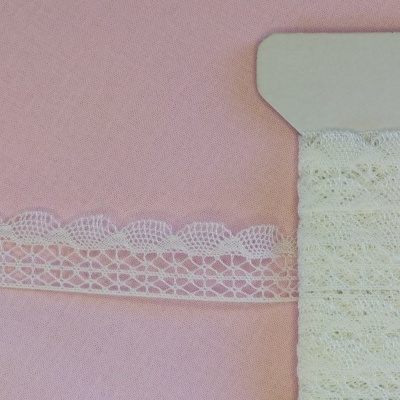 Fita de renda branca em cartão com texto Renda 11 em fundo rosa