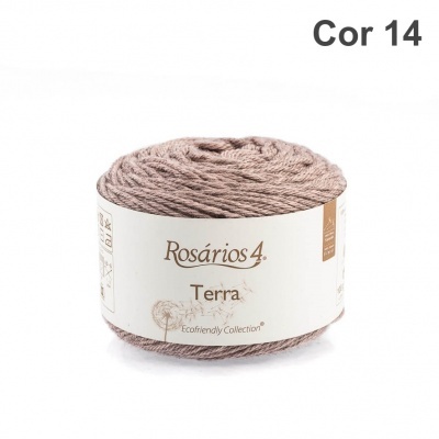Novelo de fio Rosários 4 Terra cor 14 castanho claro com etiqueta branca