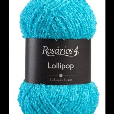 Novelo de fio azul turquesa com etiqueta preta Rosários 4 Lollipop