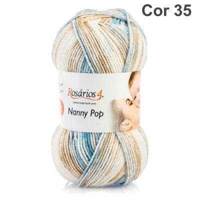 Novelo de lã multicolorida azul, bege, castanho e branco com etiqueta Rosários 4 Nanny Pop