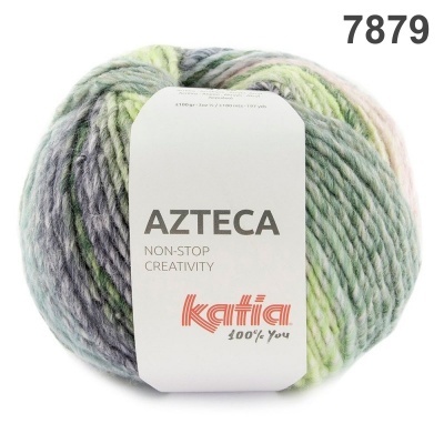 Novelo de lã Katia Azteca em tons verde, cinzento e lilás com etiqueta branca