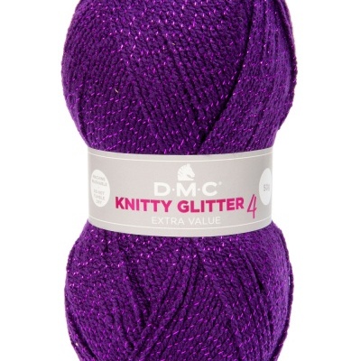 Novelo de fio de lã roxo com brilho metálico prateado e rótulo informativo.