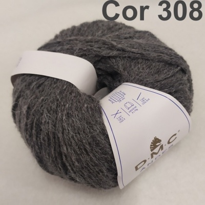 Novelo de lã cinza escuro com etiqueta branca e texto Cor 308