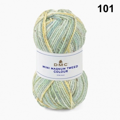 Skein de lã azul, amarelo e verde claro com etiqueta D.M.C. Mini Magnum Tweed Colour