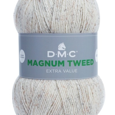 Novelo de fio DMC Magnum Tweed cor 930 creme com pontos coloridos, etiqueta cinza