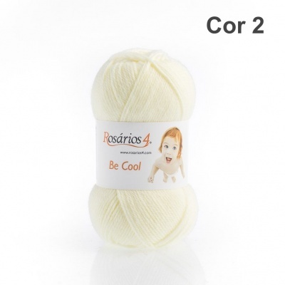 Novelo de lã off-white com etiqueta Rosários 4 e frase Be Cool