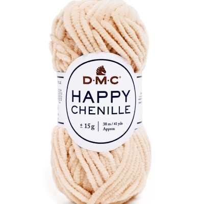 Novelo de fio chenille bege com etiqueta D.M.C HAPPY CHENILLE