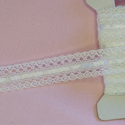 Renda branca decorativa com fita, sobre tecido rosa claro