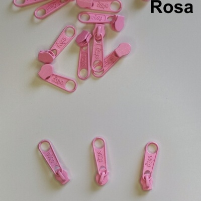Carrinhos de fecho éclair rosa sobre fundo branco com texto 'Rosa'