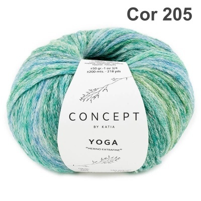 novelo de lã azul, verde e cinza, etiqueta CONCEPT by Katia YOGA cor 205