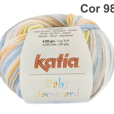 Novelo de lã Katia Baby Jacquard em cores pastel com etiqueta