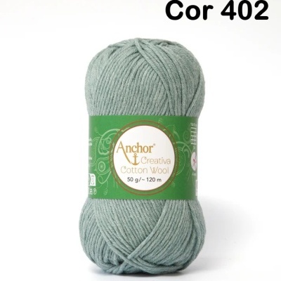 Fio de lã e algodão Anchor Creativa cor 402 em novelo com etiqueta verde