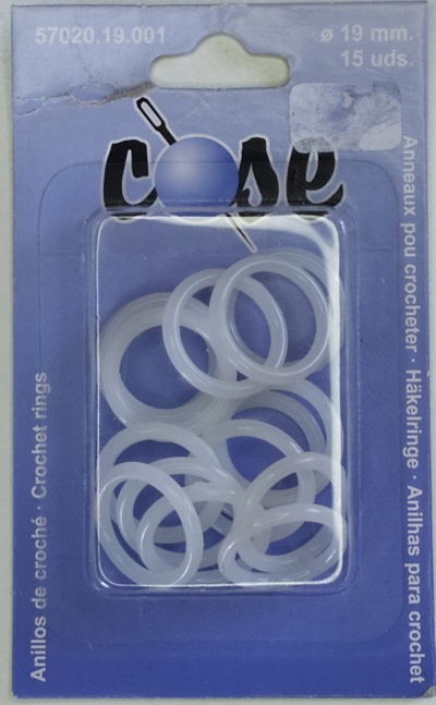 Embala de anéis para croché brancos em plástico translúcido, 15 unidades, 19 mm, marca COSE