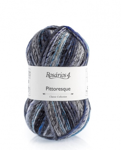 Novelo de lã cinza, azul e preto com etiqueta branca Rosários 4 Pittoresque.