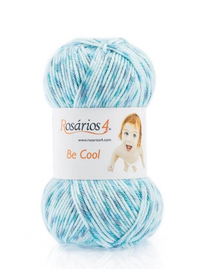 Novelo de lã azul e branco com etiqueta Rosários 4 Be Cool
