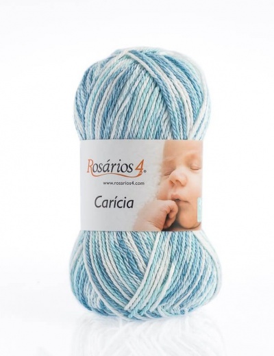 Novelo de lã azul, branco e cinza Rosários 4 Carícia com rótulo branco e imagem de bebé