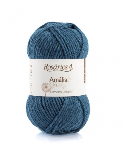 Novelo de lã azul Rosários 4 Amália com etiqueta branca e castanha