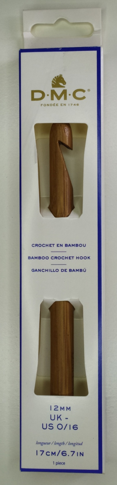 Gancho de crochê em bambu DMC tamanho 12 mm em embalagem branca