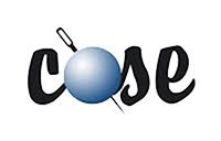 Logotipo com a palavra 'cose' e um botão azul com agulha