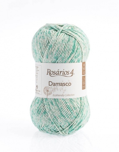 Novelo de lã Rosários 4 Damasco verde água e branco com rótulo branco
