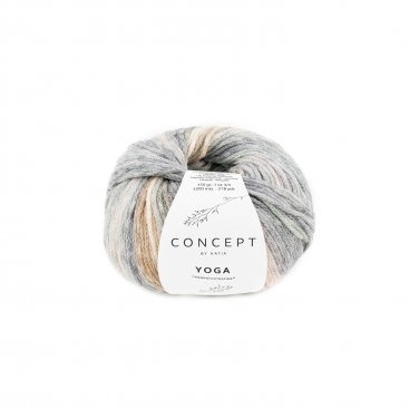 Novelo de fio de lã colorido com etiqueta branca Concept by Katia Yoga.