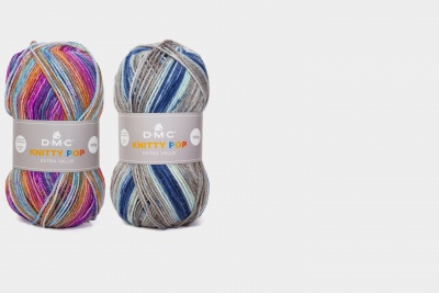 Dois novelos de lã DMC KNITTY POP em cores multicoloridas e azul/grisalho