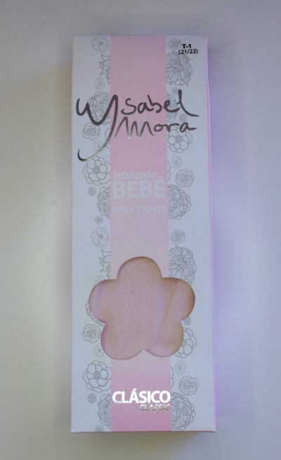 Embalagem branco e rosa com collants de bebé cor-de-rosa em forma de flor