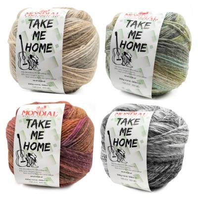 Quatro novelos de lã coloridos da Mondial com etiqueta Take Me Home