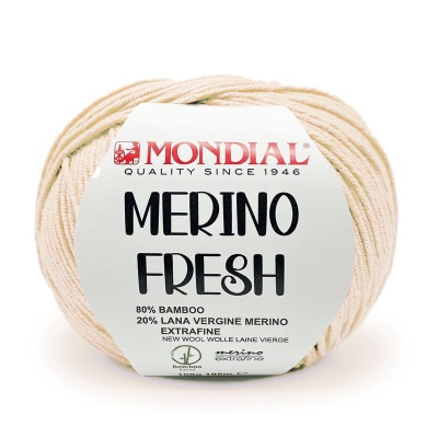 Novelo de lã Merino Fresh Mondial bege claro com rótulo branco